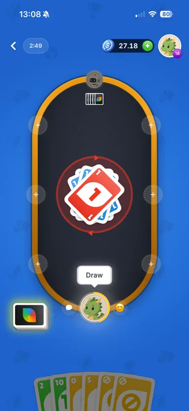 Last mobile card table with a live hand and draw action.